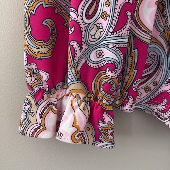 Jude Connally Palm Beach Paisley Pink Long Sleeve Top Ruffle V Neck Size S - Picture 5 of 8